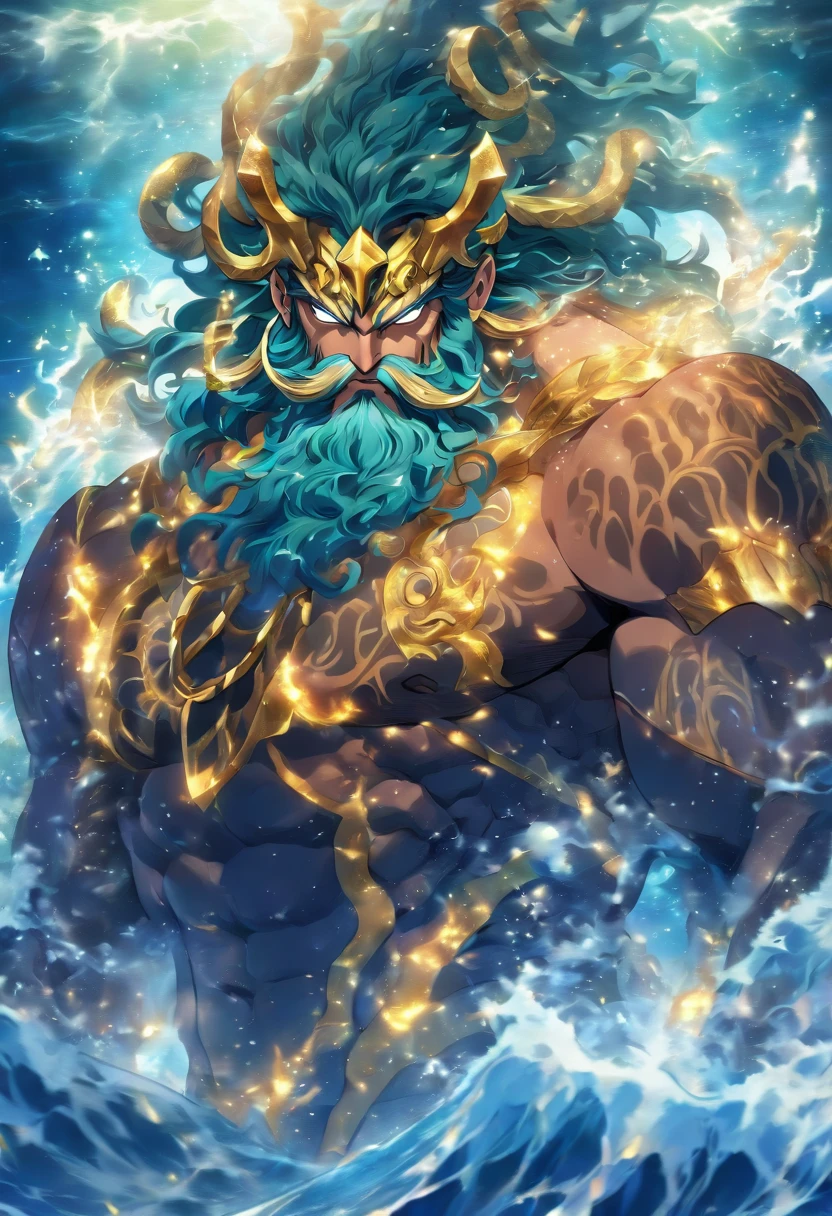 Poseidon,god of the seas, trident, yellow eyes, Highly detailed background, Perfect masterpiece, high quality, ultra high resolution