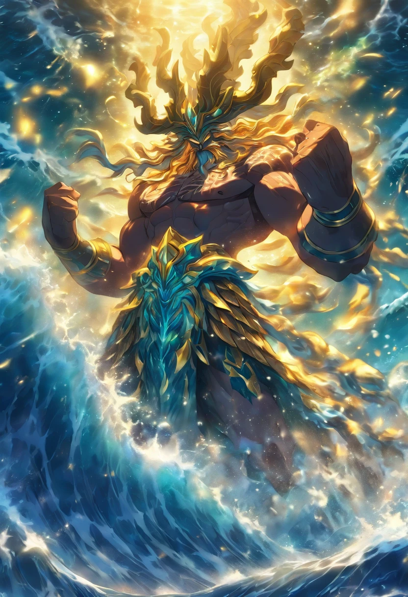 Poseidon,god of the seas, trident, yellow eyes, Highly detailed background, Perfect masterpiece, high quality, ultra high resolution