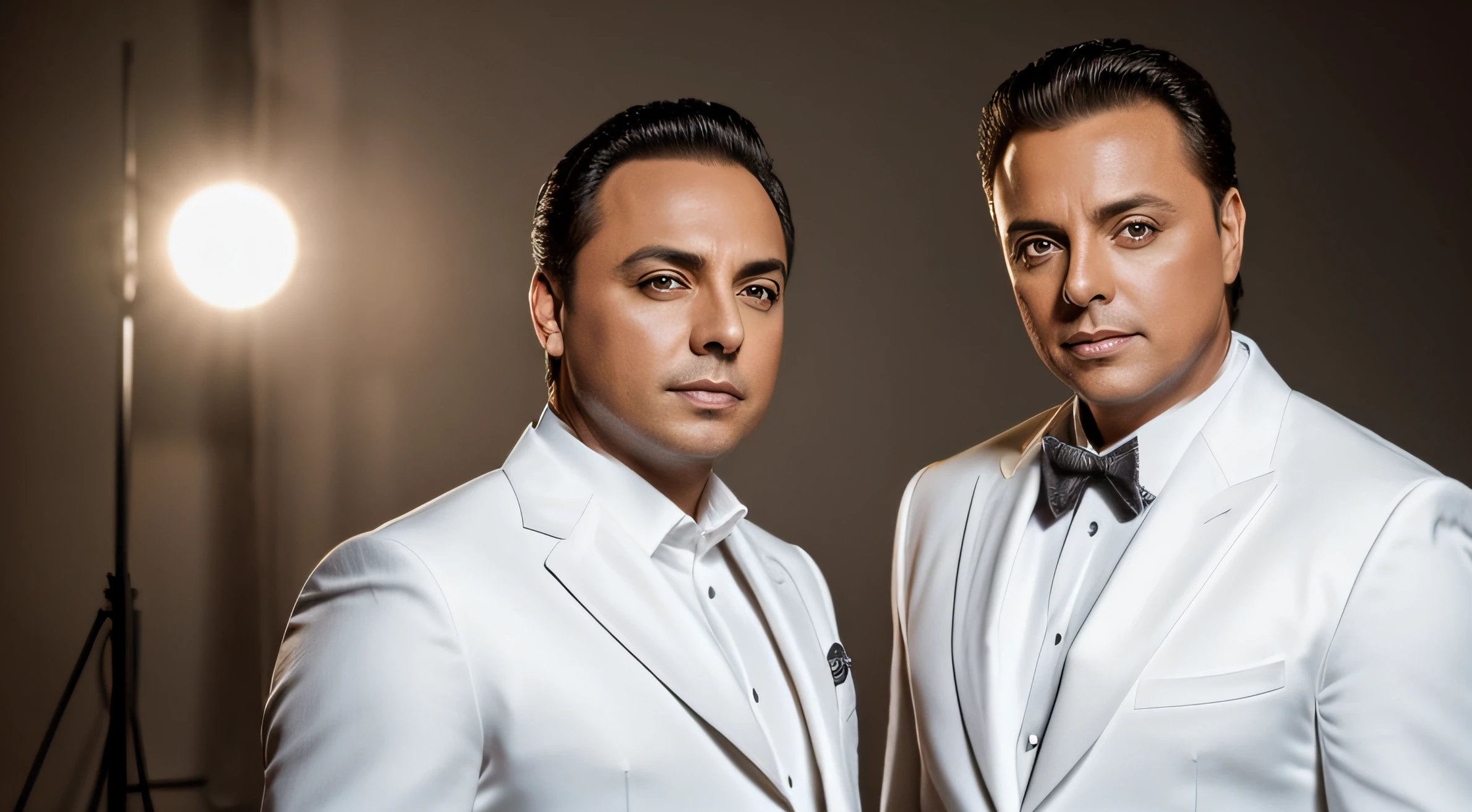 Cristian Castro and Luis Miguel pose in an elegant photo studio. Ambos lucen trajes a medida, with serious but charismatic expressions on their faces. Their gazes meet the camera, transmitiendo confianza y magnetismo. Behind them, se pueden ver luces tenues y un fondo minimalista que resalta su presencia. The composition of the image highlights his unique style and artistic connection.