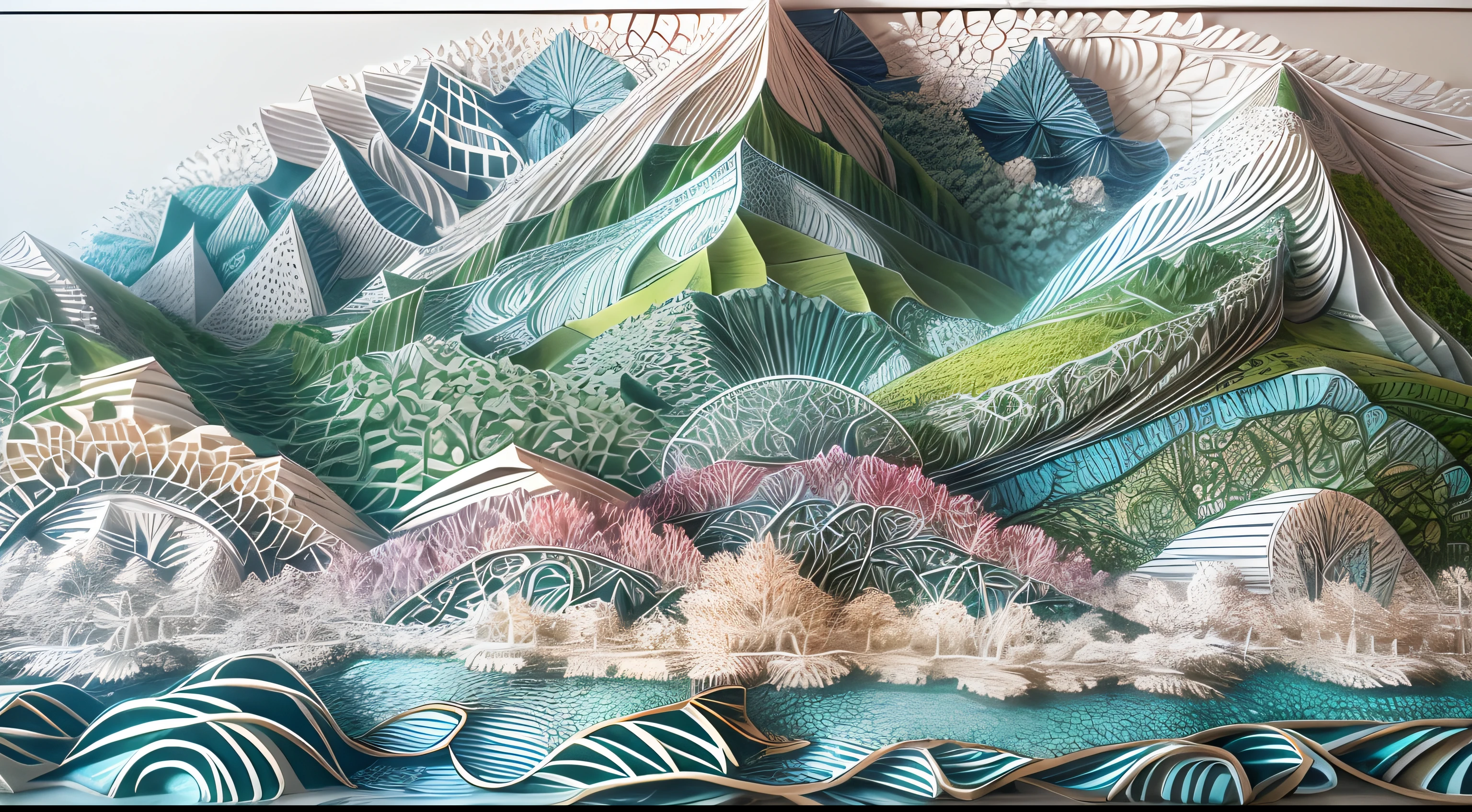 In the spring,with blue sky and white clouds,Green Mountains and Green Water,Thousands of miles of rivers and mountains,White background,paper art,a 3D render,extremely detaile, (zentangle:1.2), (geomerty:1.2),Cinematic lighting effects,4K,Masterpiece,offcial art