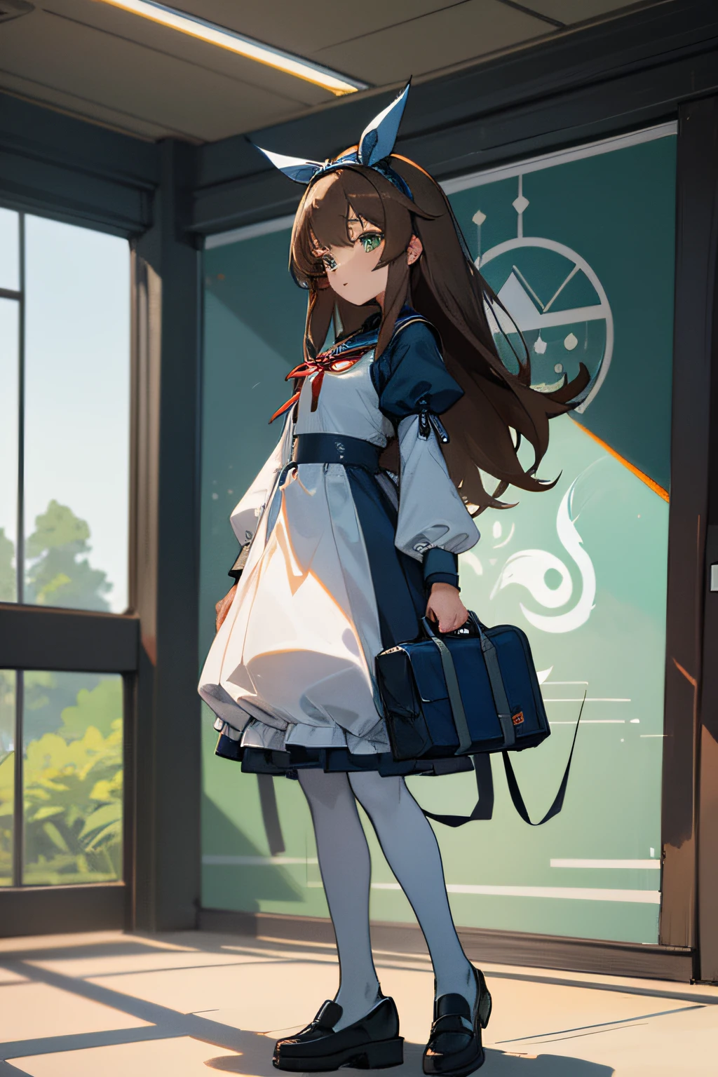 A cute 15 years old japaneese girl, drawn in anime style, futuristic, Y2K aesthetic, sci-fi, jade green eyes, long brown hair, ribbon headband, small breast, white and blue futuristic sailor lolita dress with puffy sleeves, red ribbon, navy blue pantyhose, school shoes, school bag, school crest, standing in high tech futuristic classroom, highly detailed, 4k