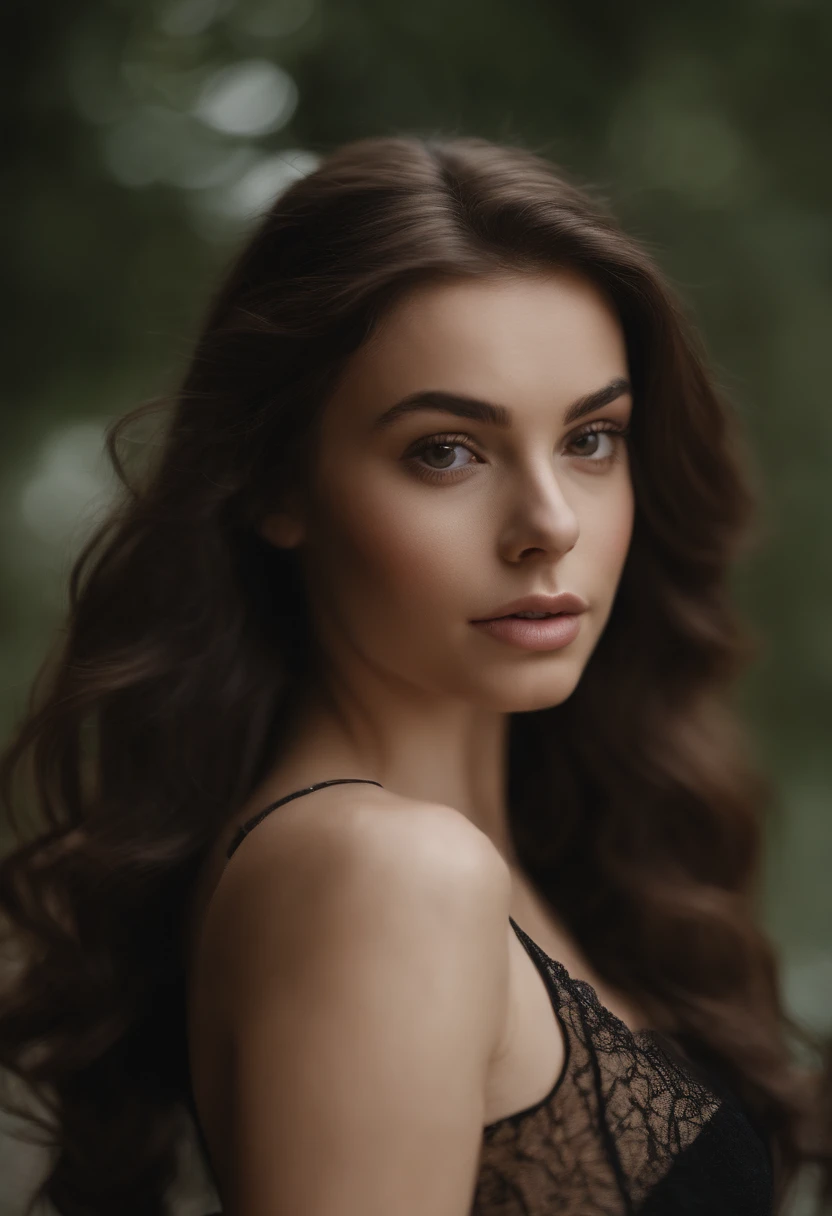 arafed woman with black clothes, sexy girl with brown eyes, portrait sophie mudd, brown hair and large eyes, selfie of a young woman, bedroom eyes, violet myers, without makeup, natural makeup, looking directly at therself in the mirror, face with artgram, subtle makeup, showing off a curvy body