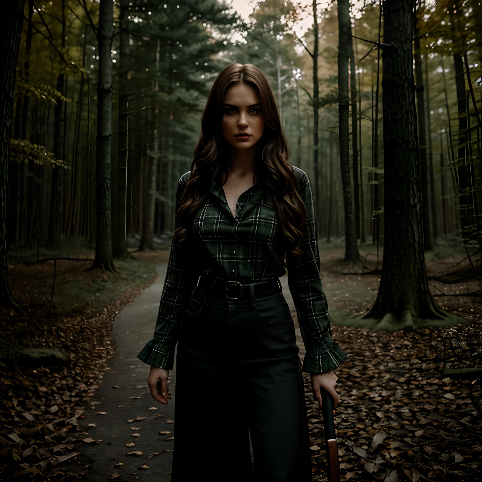 Generate a full-body photograph of Autumn, the stunning brunette influencer, dressed in a captivating and detailed costume inspired by the iconic character, Jason Voorhies, from the 'Friday the 13th' film series. Autumn should appear in her mid-20s, standing approximately 5'4" tall, with her long, wavy chestnut hair cascading gracefully on her shoulders. Her athletic hourglass figure should be accentuated by the costume. Autumn should be adorned in a meticulous and hyper-realistic recreation of Jason Voorhies' infamous outfit. This includes a worn and tattered dark-green flannel shirt with ragged sleeves, reminiscent of Jason's signature look. She should also wear a ripped pair of jeans, strategically torn to resemble the character's attire. A bloody machete should be held menacingly in one hand, adding an eerie touch to the visual. The backdrop should be an atmospheric setting reminiscent of the 'Friday the 13th' franchise. It should feature an eerie forest scene with looming trees, dense foliage, and a sense of foreboding darkness. The environment should be lit by moonlight, casting subtle, chilling shadows. Autumn's poses should reflect the eerie and suspenseful nature of the character she portrays. She can stand confidently with one foot slightly forward, menacingly holding the machete in her hand while maintaining a chilling, intense look.Intense look and makeup, symmetrical eyes, symmetrical face, photorealistic, photography, path tracing, specular lighting, volumetric face light, path traced hair, visible shadows, intricate, elaborate, hyper-realistic.