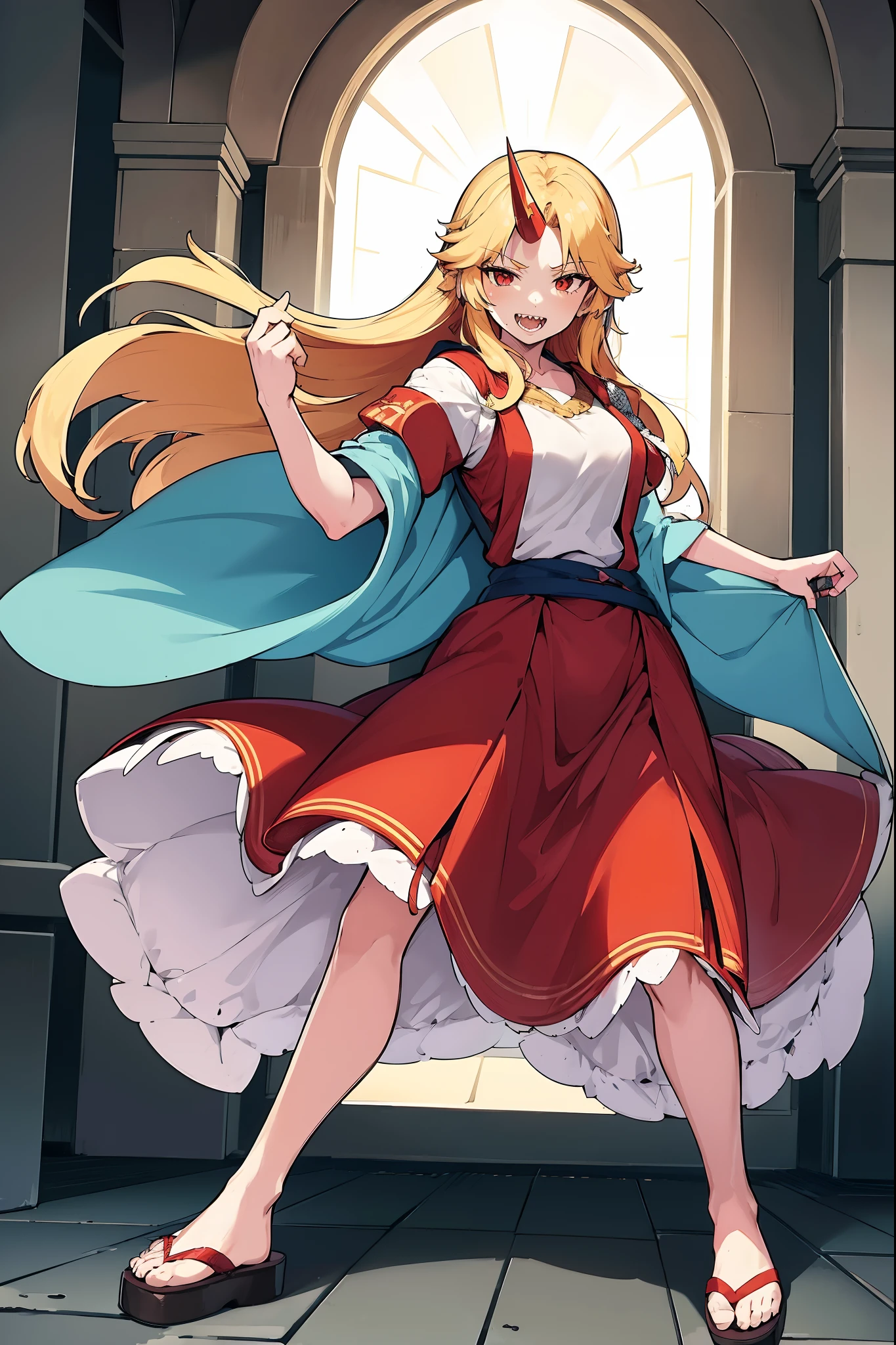 hoshiguma yuugi, european medieval cloths, crazy smile, medium breast, large skirt, long skirt, flipflops, full body, standing, medieval clothing,long skirt,(best quality,4k,8k,highres,masterpiece:1.2),ultra-detailed,(,1.37),portraits,vivid colors,warm tones,soft lighting, sharpteeth open mouth ,smile