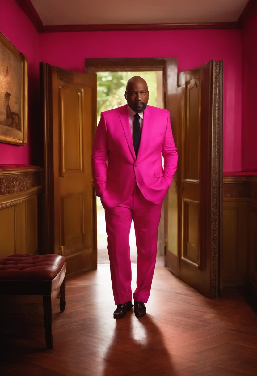 Preciso de uma imagem,  de um Homem de 40 anos, careca, dress all in pink up to the shoe