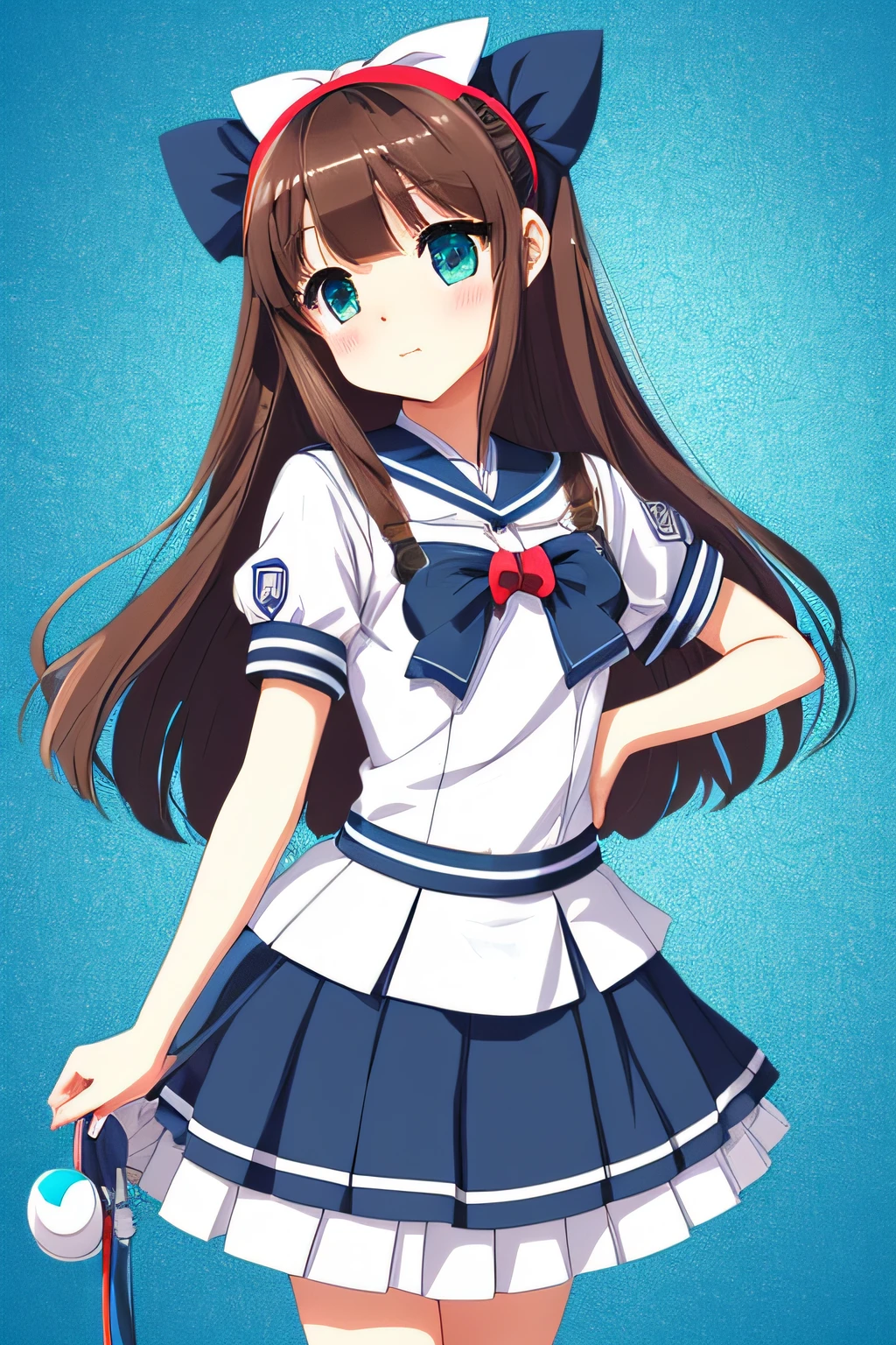 A cute  japaneese girl, drawn in anime style, futuristic, Y2K aesthetic, sci-fi, jade green eyes, long brown hair, ribbon headband, small breast, white and blue futuristic sailor lolita dress with puffy sleeves, red ribbon, navy blue pantyhose, school shoes, school bag, school crest, standing in high tech futuristic classroom, highly detailed, 4k