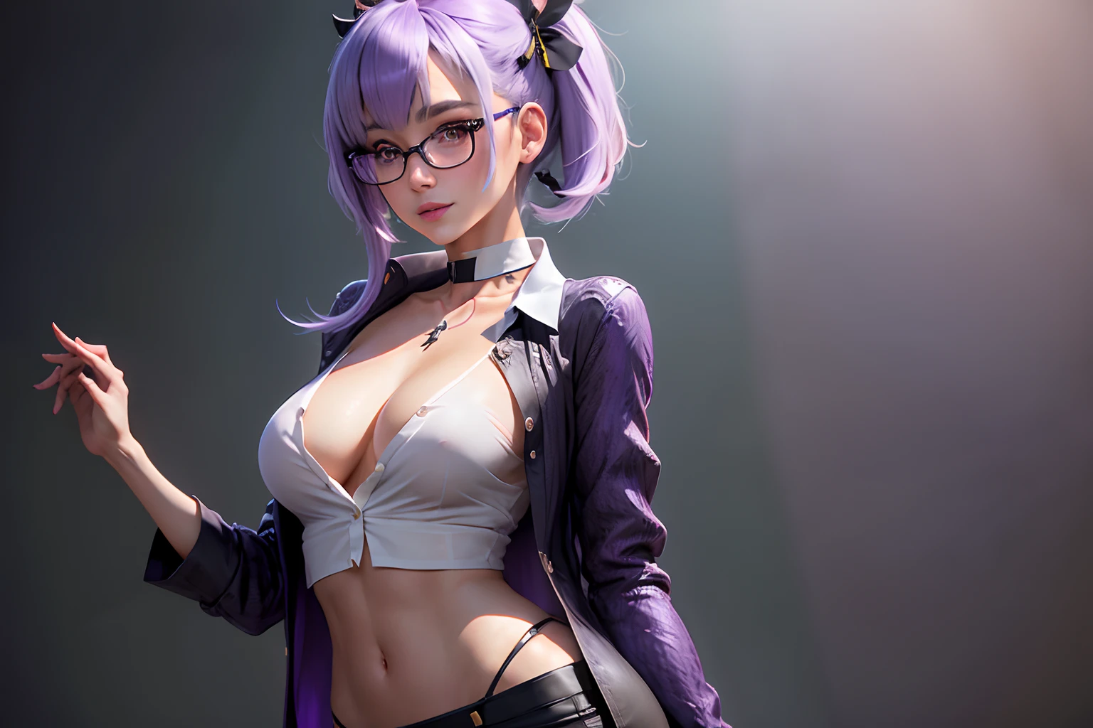 1woman, teacher, high heels, open shirt. standing, near the blackboard, photorealistic, octane render,hyperrealistic, wide hips, slim fit, wearing a short blak skirt, perfect butt, white open shirt,(photorealistic face:1.2), collar,(medium breasts:1.1),thick eyelashes,long eyelashes,(twin tails:1.1),(purple hair:1.1), glasses, hair ribbon, futuristic choker,best quality, streaked hair, half smile, (looking at viewer),sharp focus, (4k),(Masterpiece), (Best Quality), fantasy, extremely detailed, intricate, hyper detailed, (perfect face), illustration,soft lighting,(specular lighting:1.4),purple eyes,absurdly, seductive