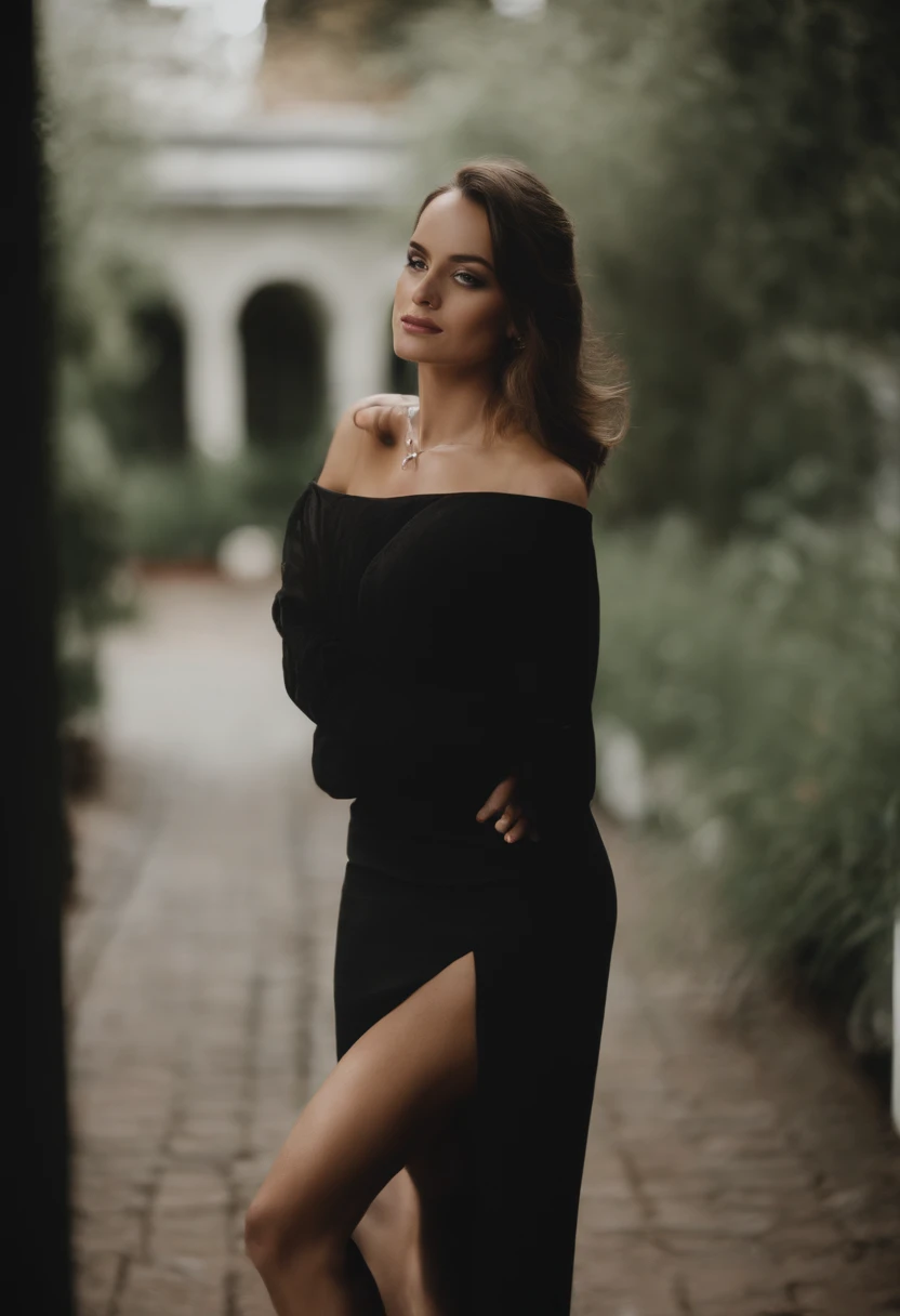 arafed woman with black clothes, sexy girl with brown eyes, brown hair and large eyes, a young woman, bedroom eyes, violet myers, without makeup, natural makeup, face with artgram, subtle makeup, full body, curvy body