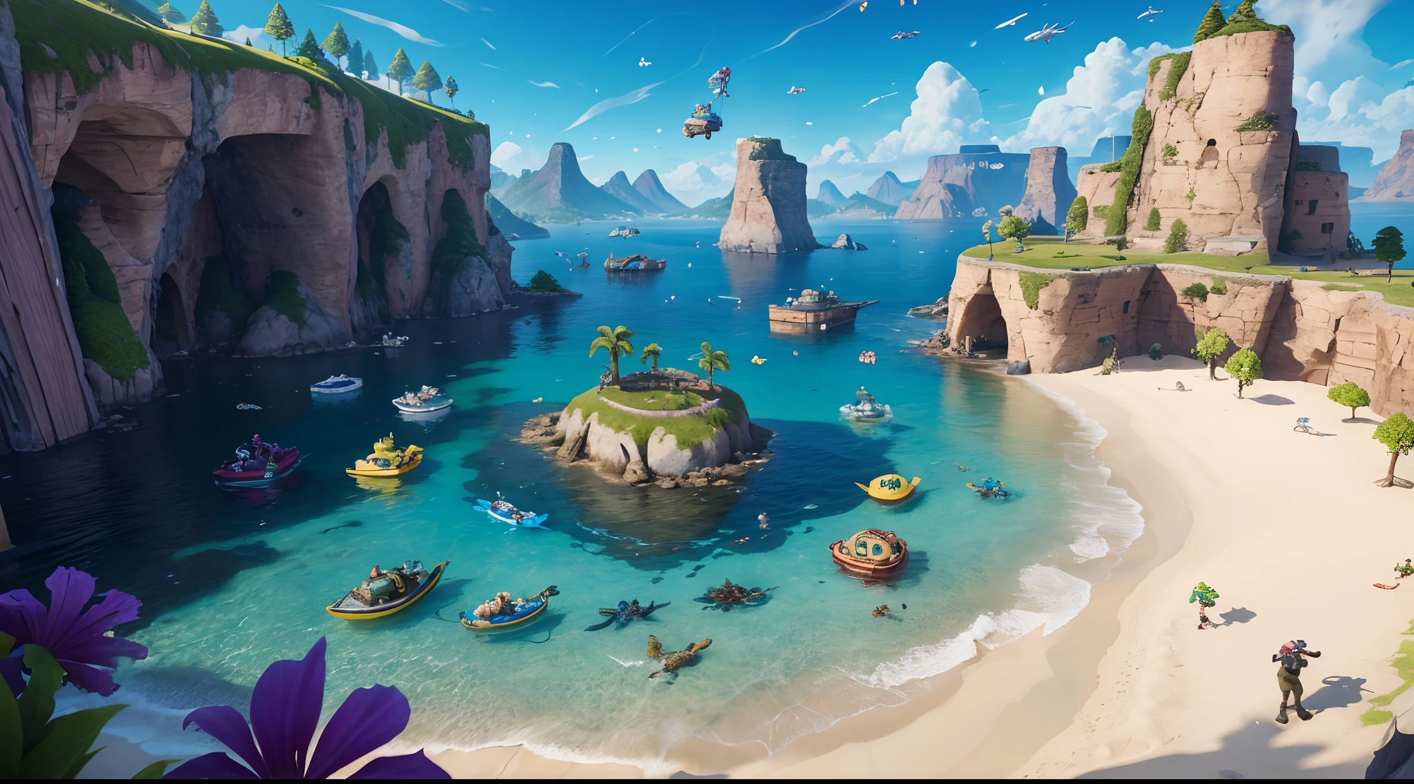 Fortnite new map next season , 8K , Full HD, Wasser , Dschungel in der Mitte , Dessert , Fortniten Spieler weiblich auf dem bild zu sehen , fische im wasser , Legendary pump gun