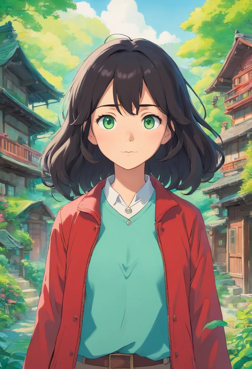 A girl with black long curly hair without bangs, green eyes, and she's wearing a red jacket and a white shirt, in the style of tranquil gardenscapes, colorful animation stills, masami teraoka, aquamarine, paul gauguin, Embry style, honest portrayal, in the background There is the interior of a large haunted wooden house