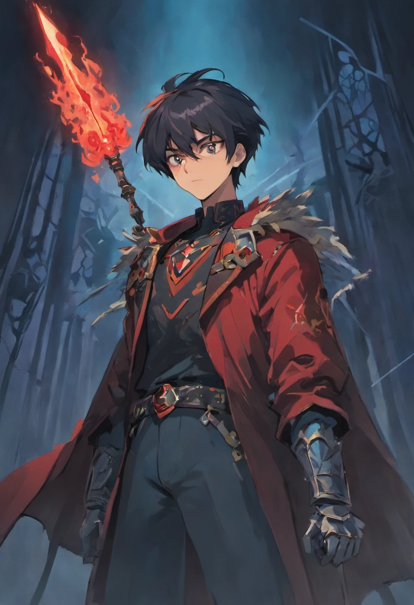 hombre de pelo corto rojo, con un ojo azul y el otro ojo cerrado con una cicatriz, Tiene la barba descolorida, Lleva una larga chaqueta roja, como un cazador de Bloodborne, En su espalda lleva una gran espada, has a prosthetic left arm like Guts, Se enfrenta a las criaturas de la noche como un cazador de vampiros., 80s anime still, Moda retro, Dungeon and Dragons Character Dark Fantasy Digital Art Muted Pastel Colors, Colores retro apagados, Pantalla de TV CRT por Tsukasa Hojo y Toshihiro Kawamoto -