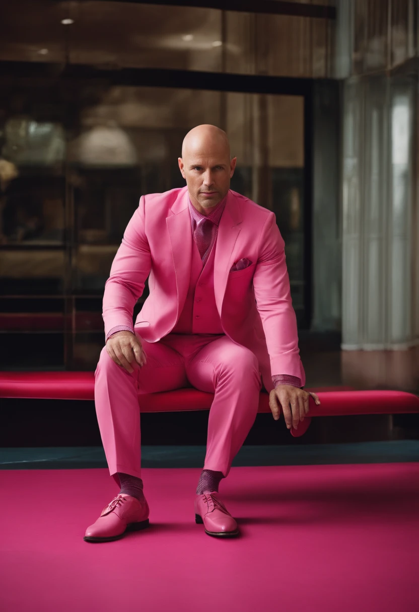 I need an image of a 40 year old white man, bald, dressed all in pink down to his shoes