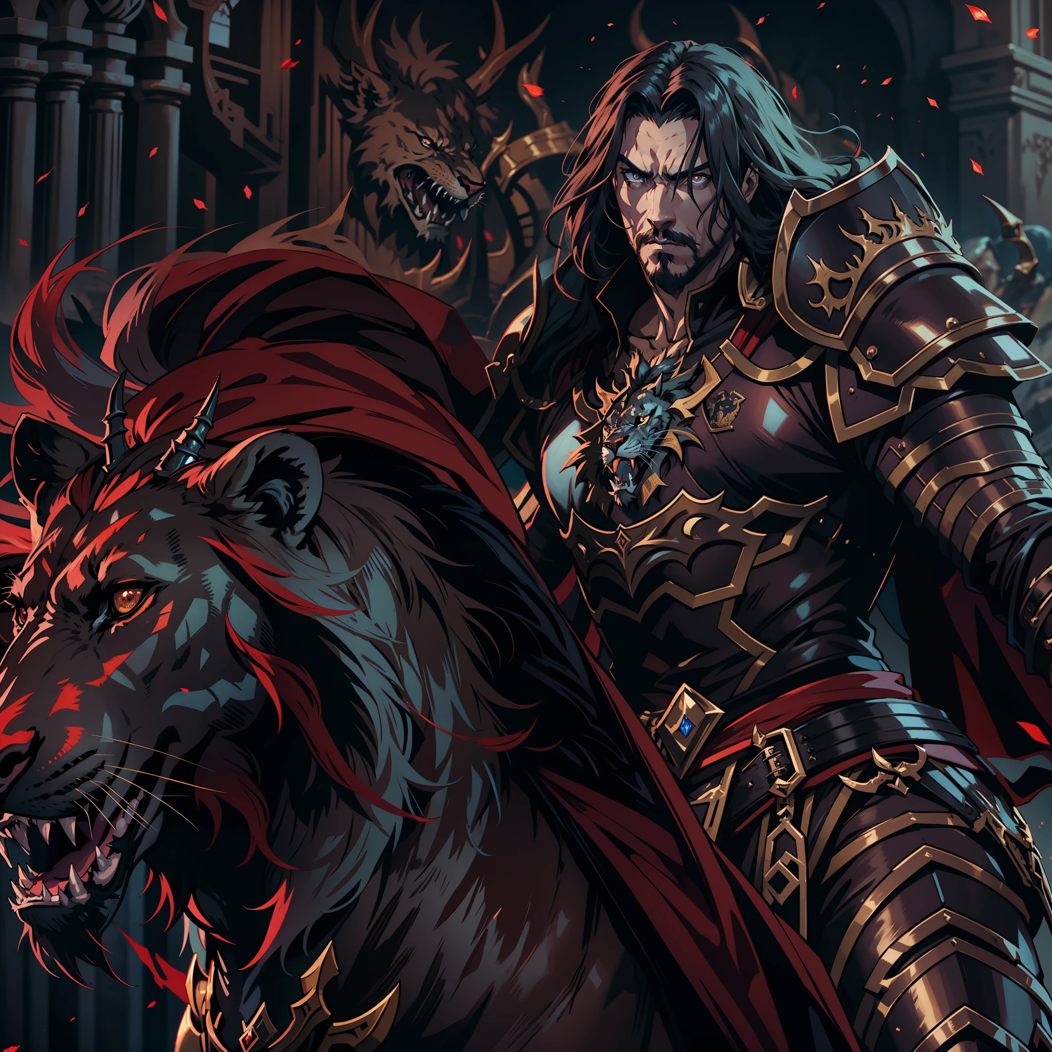 Castlevania Lord of Shadows hyper realistic super detailed Lord Dracula muscular handsome warrior leather Armor riding great legendary Lion with demons beside him in battle scene bravely fighting the devil and his great legendary army hyper realistic super detailed dynamic shot centerpiece cinematic scenes movie