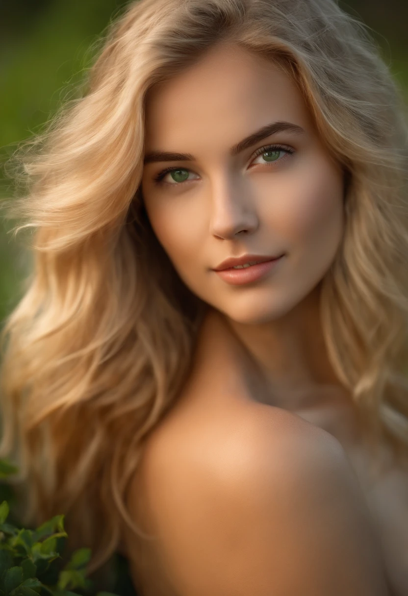 Create realistic 17-years-old girl photos with blonde hair (Length to the shoulders), Cute face, Whole body, Slender body, shapely legs, Thin ankles, thin-waist, Green eyes and big breasts, She is completely naked, She is on the beach.