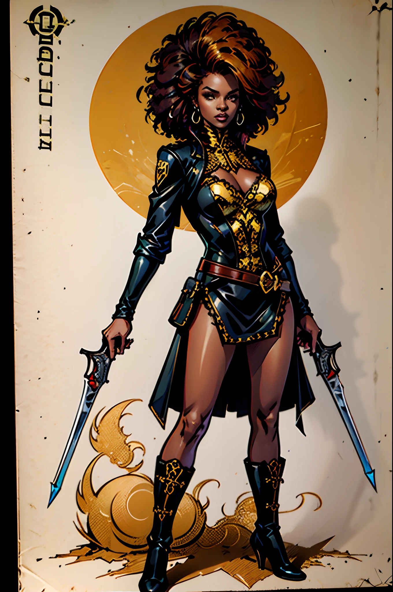 Intricately drawn Pin up Poster, Gorgeous ebony woman with Afro as assassin shooting with revolvers, (dark skin), black leather with gold embroil, full body, lace, high heel boots