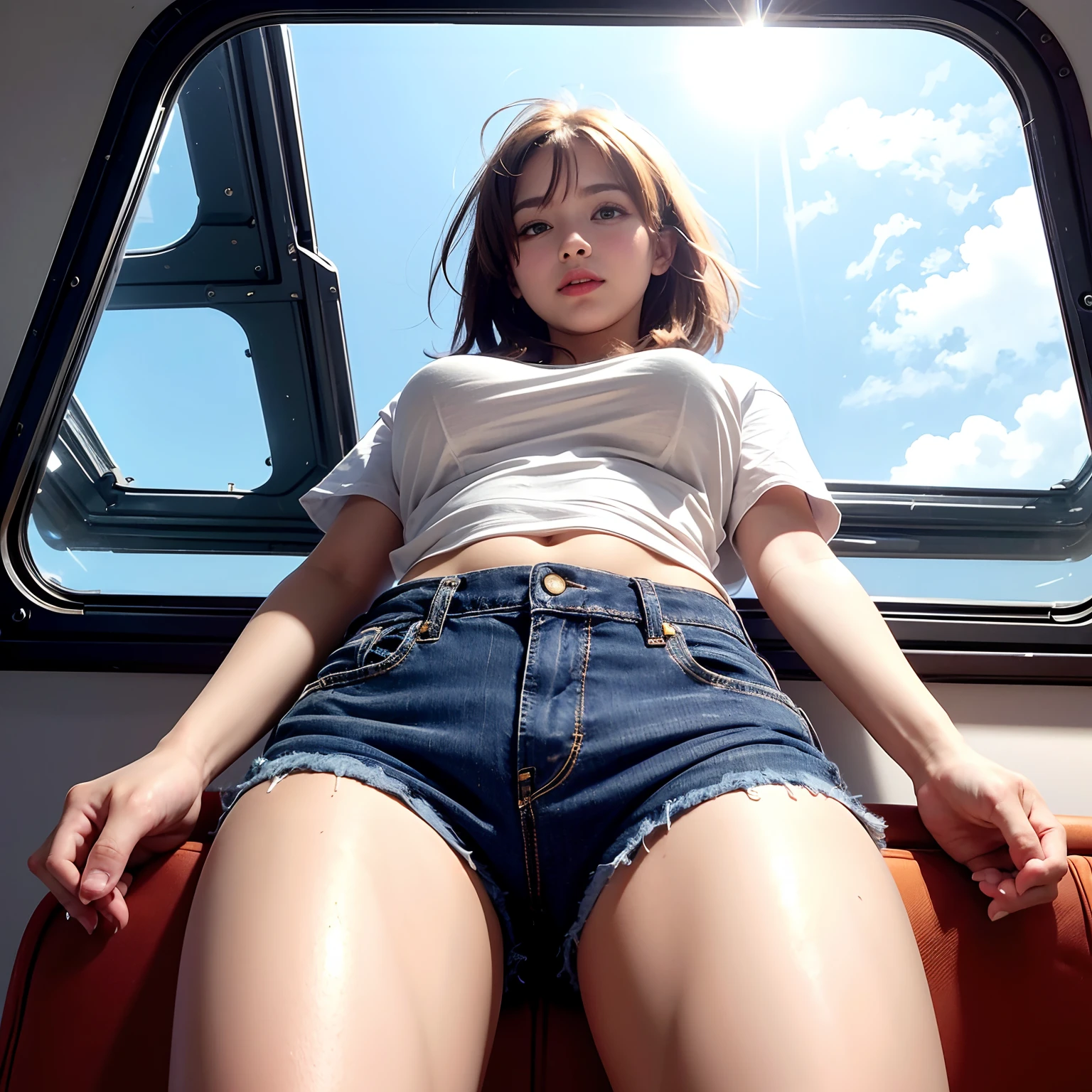 (shoot from below:1.5), Front angle, (from below :1.4), (crotch focus:1.2), (low angle:1.2), top-quality, ​masterpiece, high-detail,Photonic style,16k picture quality, perfect hand, beautiful a girl, red blush, short-hair, Light brown beautiful hair, plump big breasts, Constricted waist, White short sleeve T-shirt, Denim shorts, Navel Ejection, Sitting in a long seat by the window of a train, View here, Looking at the camera, Bright sunshine, suns,