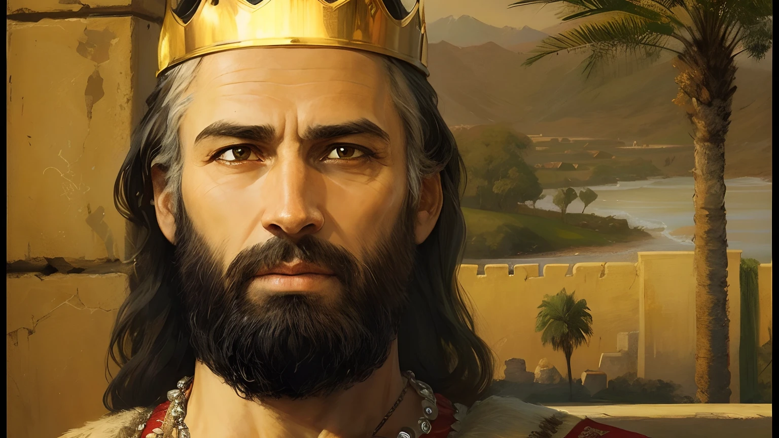 King Solomon with a crown and a short beard with, 10 mulhers belas com vestidos brancos