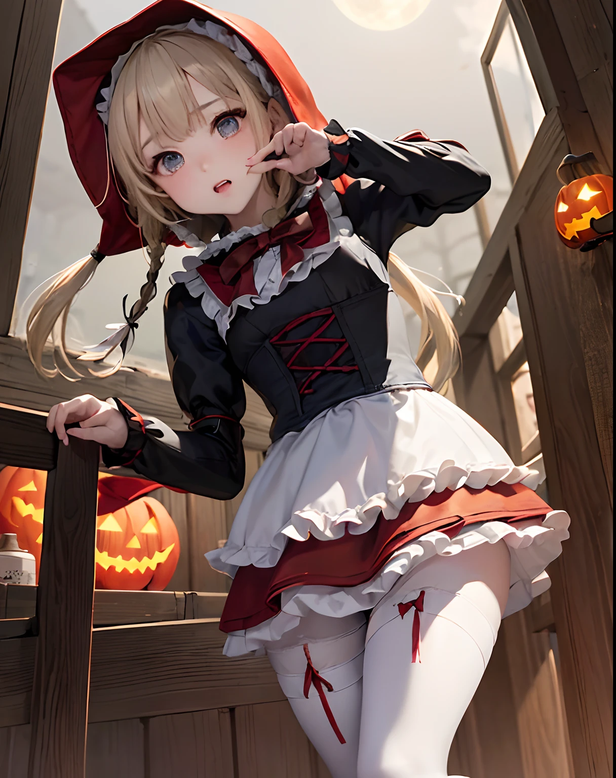 masterpiece、hiquality、1girl in、独奏、Marie Rose、cowboy shot、embarassed expression、(((Little Red Riding Hood's clothes)))、((White blouses))、((pantyhose))、(long boots)、natta、Pumpkin Lantern、((a miniskirt))、fullmoon、((corsets))、((Black panties))