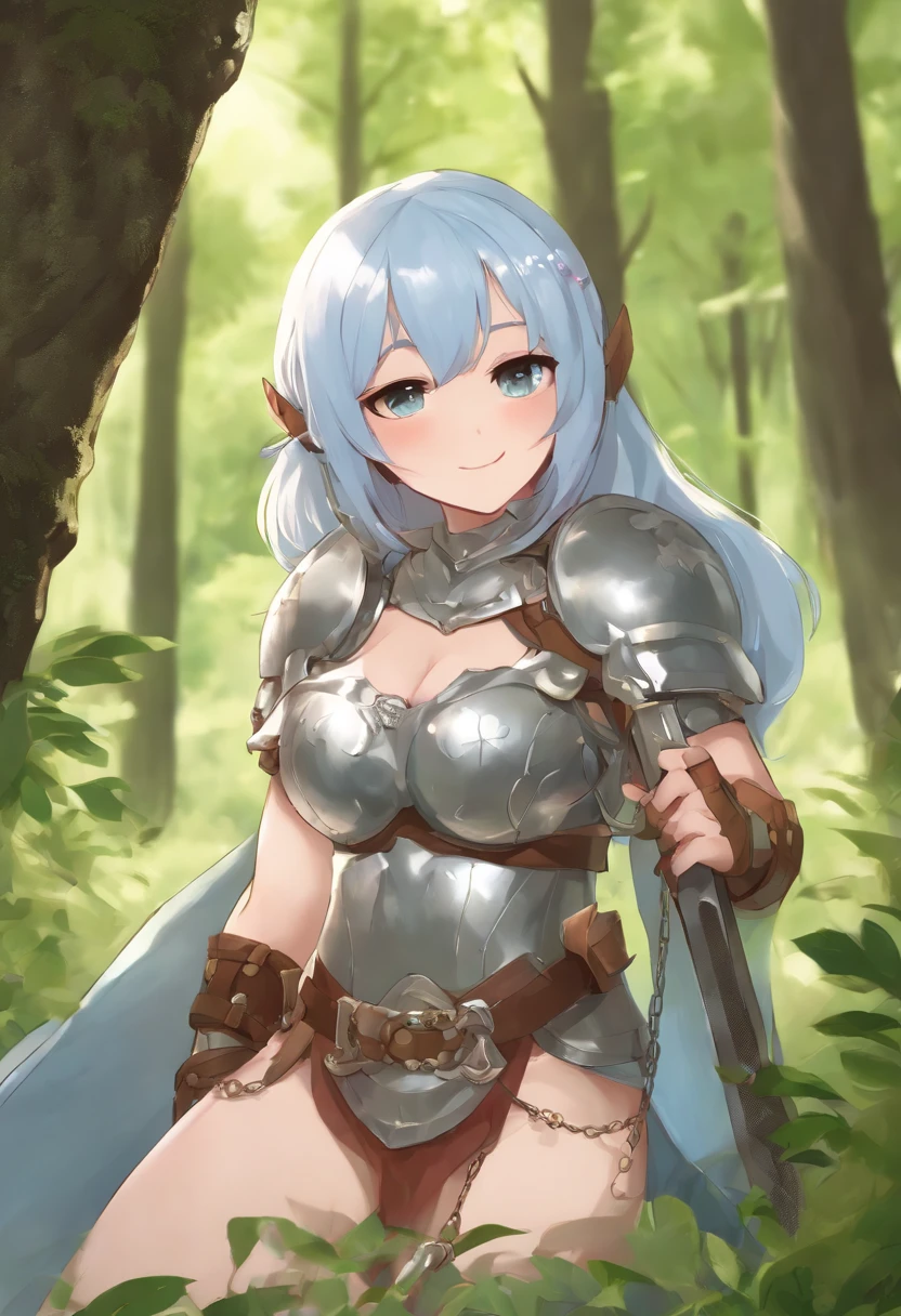 best quality, ultra high res, 1girl, scanty clad wearing chain mail armor, cute, ((puffy eyes)), look at me, full body, smile at me, blue eyes, flower pupils, sweet, beautiful, cute, caring, shy, love me with all her heart, Ultra HD, a green forest, standing on a rock, wielding a buster sword, shiny chain mail bikini