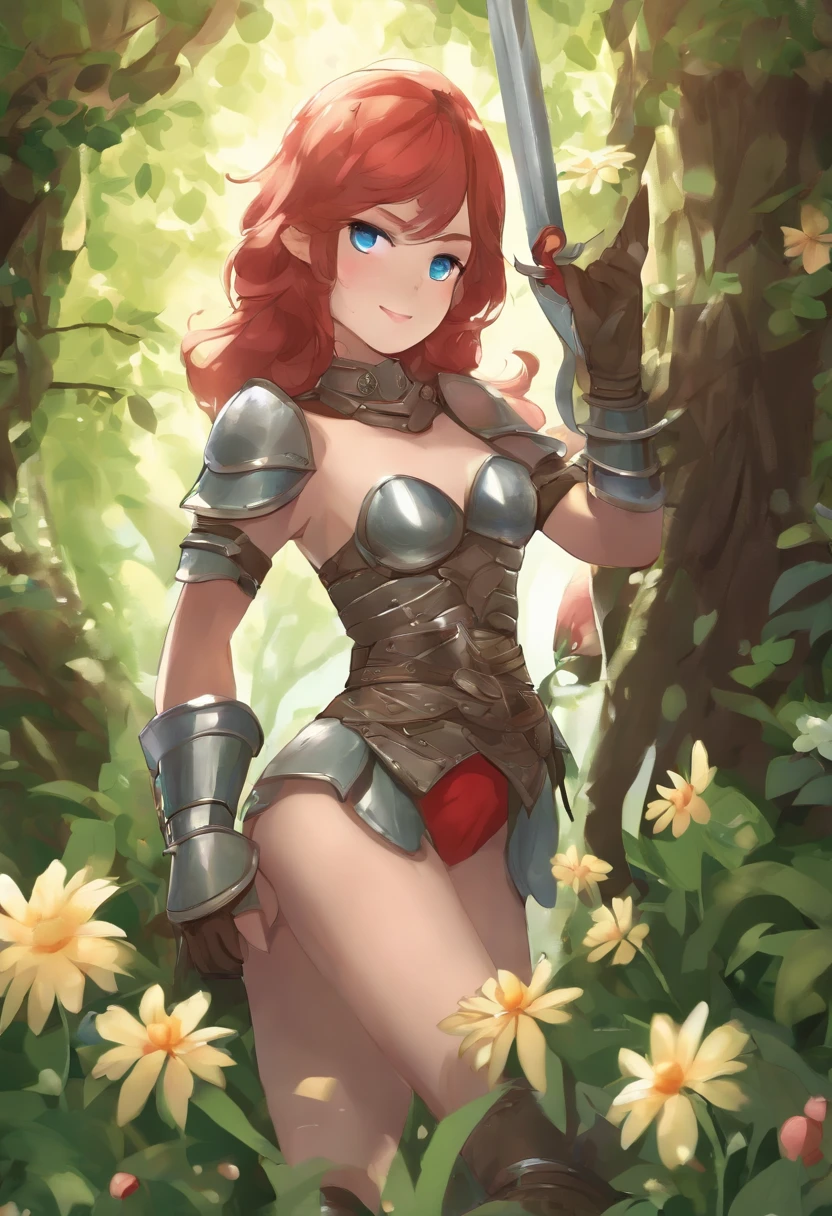 best quality, ultra high res, 1girl, scanty clad wearing chain mail armor, cute, ((puffy eyes)), look at me, full body, smile at me, blue eyes, flower pupils, sweet, beautiful, cute, caring, shy, love me with all her heart, Ultra HD, a green forest, standing on a rock, wielding a buster sword, shiny chain mail bikini