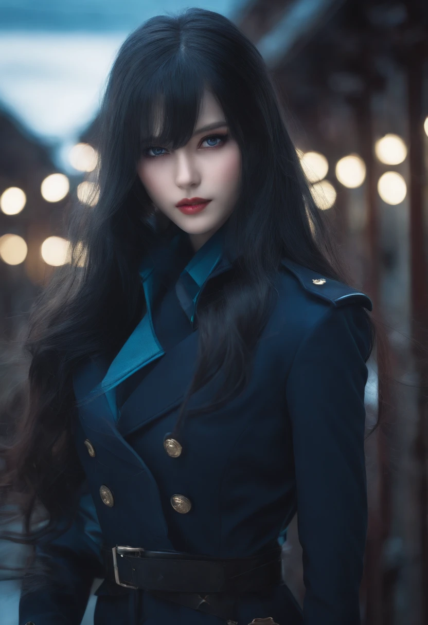 1girl, very long hair, dark blue hair, cyan eyes, hair between eyes, jacket, coat, black gloves, long sleeves, expressionless, military uniform, knee boots