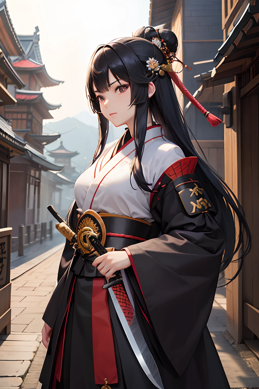 Beautiful female samurai of the Warring States period、Woman with semi-long hair、Samurai's Idetouch、Samurai Pose、Knives、Standing、The appearance of the samurai、Computer Graphics Art、。.。.。.。.。.。.。.3D、hight resolution、top-quality、The upper part of the body、8K Character Concept、32K、pixiv、illustratio、 ultra-detailliert、hyperdetailed face、Megapixel、 Ultra High Definition HDR、Clair、Overdecoration