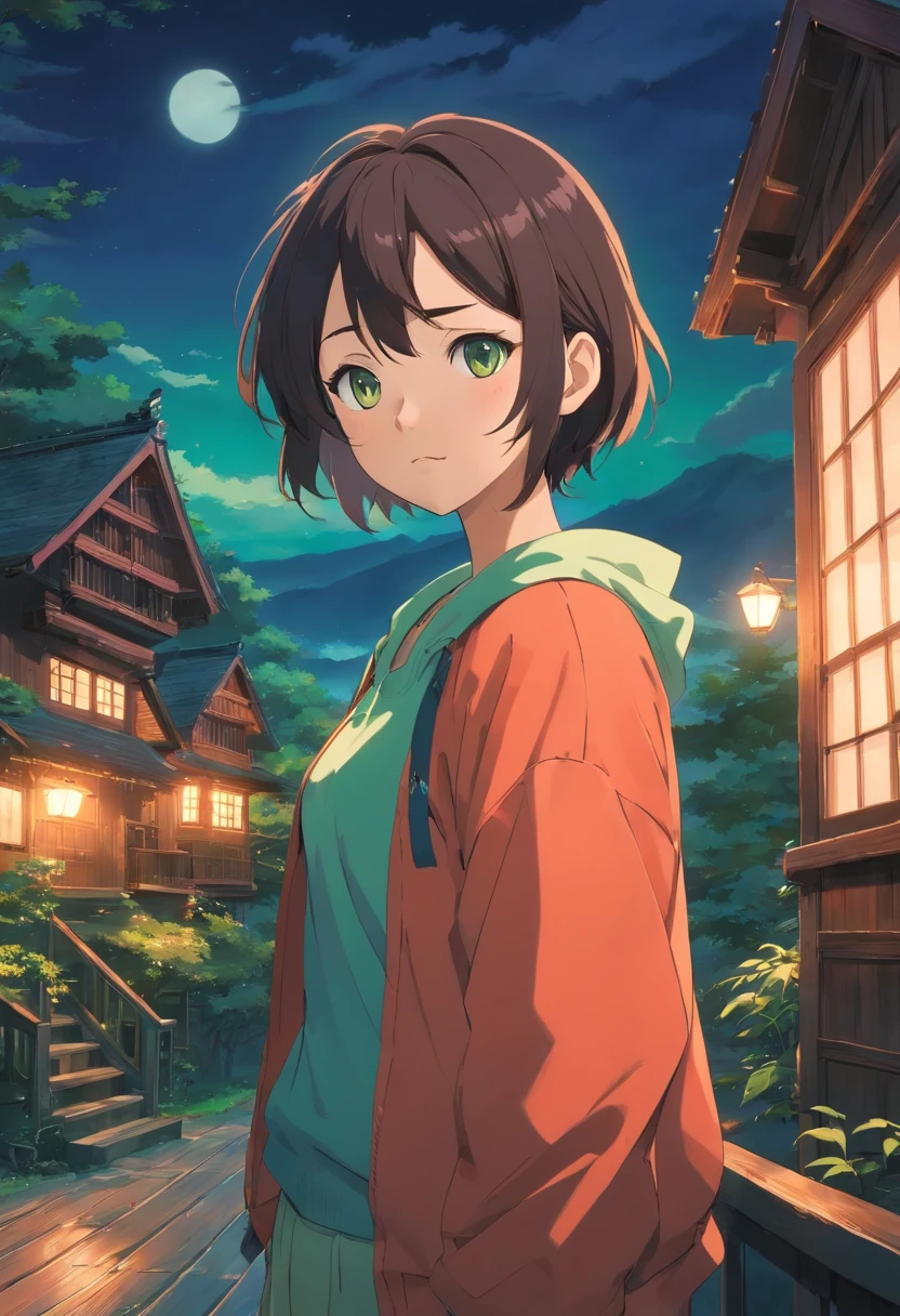 Una chica con cabello negro largo y rizado sin flequillo, ojos verdes, y lleva una chaqueta roja y una camisa blanca, al estilo de los tranquilos jardinescabos, Colorful animation stills, Masami Teraoka, Dark and terrifying colors, Paul Gauguin, Estilo Embry, Honest representation, In the background is the interior of a large haunted wooden house