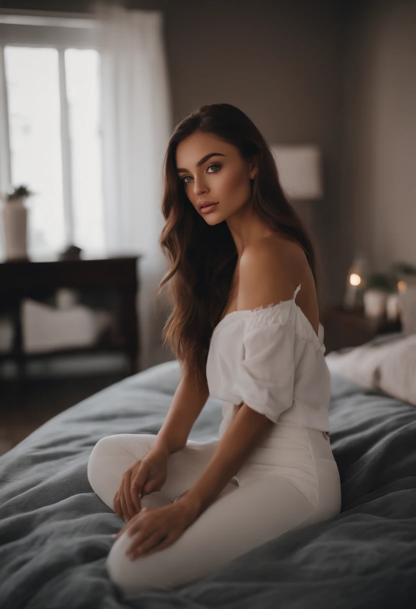 arafed woman with black clothes, sexy girl with brown eyes, portrait sophie mudd, brown hair and large eyes, selfie of a young woman, bedroom eyes, violet myers, without makeup, natural makeup, looking directly at the camera, face with artgram, subtle makeup, stunning full body shot, in bedroom, cleavage