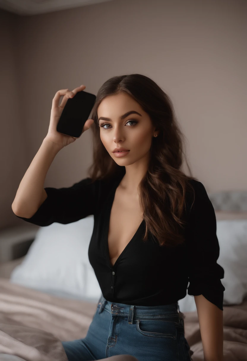 arafed woman with black clothes, sexy girl with brown eyes, portrait sophie mudd, brown hair and large eyes, selfie of a young woman, bedroom eyes, violet myers, without makeup, natural makeup, looking directly at the camera, face with artgram, subtle makeup, stunning full body shot, in bedroom, cleavage