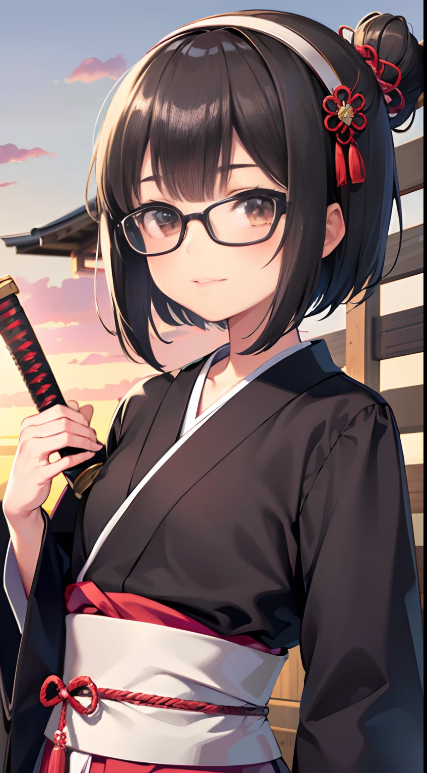 (masutepiece, Best Quality, Capture super cute moments, depth of fields, ultra-detailliert, Ultra High Resolution, C4D, Octadale, 3D Modeling, 8K, 16 K, one girls,a junior high school student, small tits,A dark-haired,short-hair,straight haired,Light brown eyes, horseshoe-shaped hairband,wearing black glasses,Cute face) 、japanese samurai、Japanese Katana Sword、Sword extraction