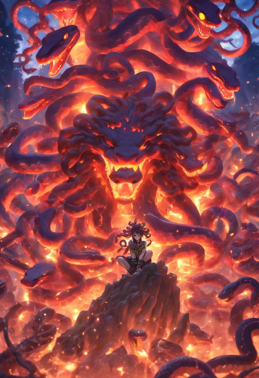 Medusa, snakes, stone statue, petrified, cave, expression of hate, torch lighting, Highly detailed background, Perfect masterpiece, high quality, ultra high resolution