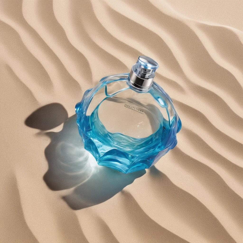 um frasco de perfume transparente, frasco de vidro moderno, blue liquid, Young inspiration, mulheres de biquini, Design com angulos retos retos e pontas arredondadas, levemente enfiado na areia de uma praia linda, praia paradisiaca, por do sol, Transparency for water, Thick glass refractions, caustic projected in the sand, Caribe, surf