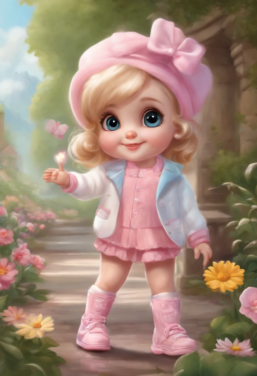 [very fashion cute little girl] kawaii chibi light style [pink suit, overalls jacket shoes sunglasses, all in pastel pink, cute big smiley face happy face and cute eyes sweet smiley features, charming], pose and fashion show Thomas kinkade Nadja Baxter Anne Stokes Nancy Noel style, hd white background, realistic, detailed,
