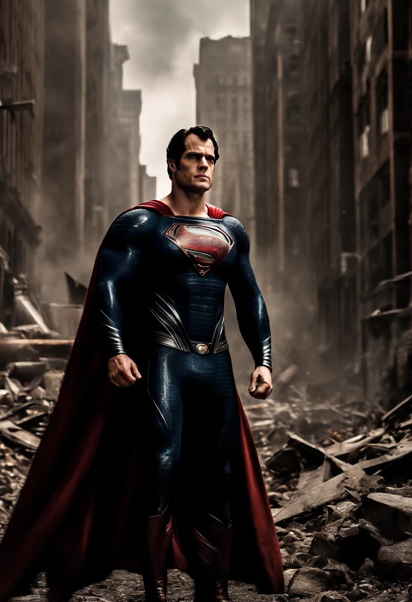 Full body, Henry Cavill Superman, super muscular, extra strong, great muscle definition, massive body, agressive actitud, destroyed city in the background, all in realistic, gothic style, high definition, high resolution. Christopher Nolan's scenic style.