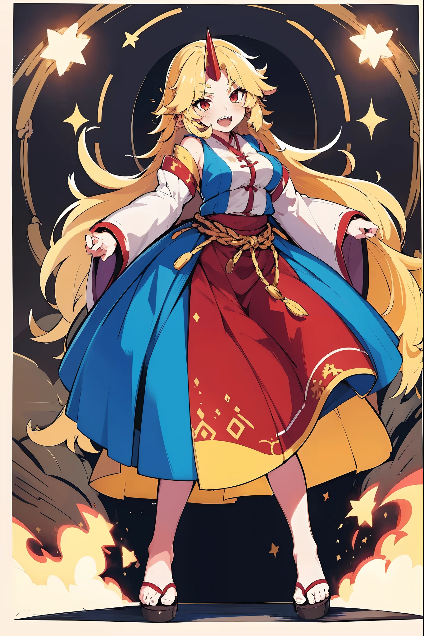 hoshiguma yuugi, european medieval cloths, crazy smile, medium breast, large skirt, long skirt, flipflops, full body, standing, medieval clothing,long skirt,(best quality,4k,8k,highres,masterpiece:1.2),ultra-detailed,(,1.37),portraits,vivid colors,warm tones,soft lighting, sharpteeth open mouth ,smile