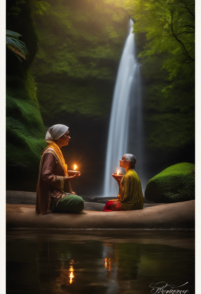 A 52 years old naked Indonesian woman in peach color hijab, villager, poor woman, smiling and sitting on a wooden stool by the waterfall in the forest, look to the viewer with eye close, dense pubic hair, darker skin, curvier body, short body, flat-chested, small breasts, spreading legs