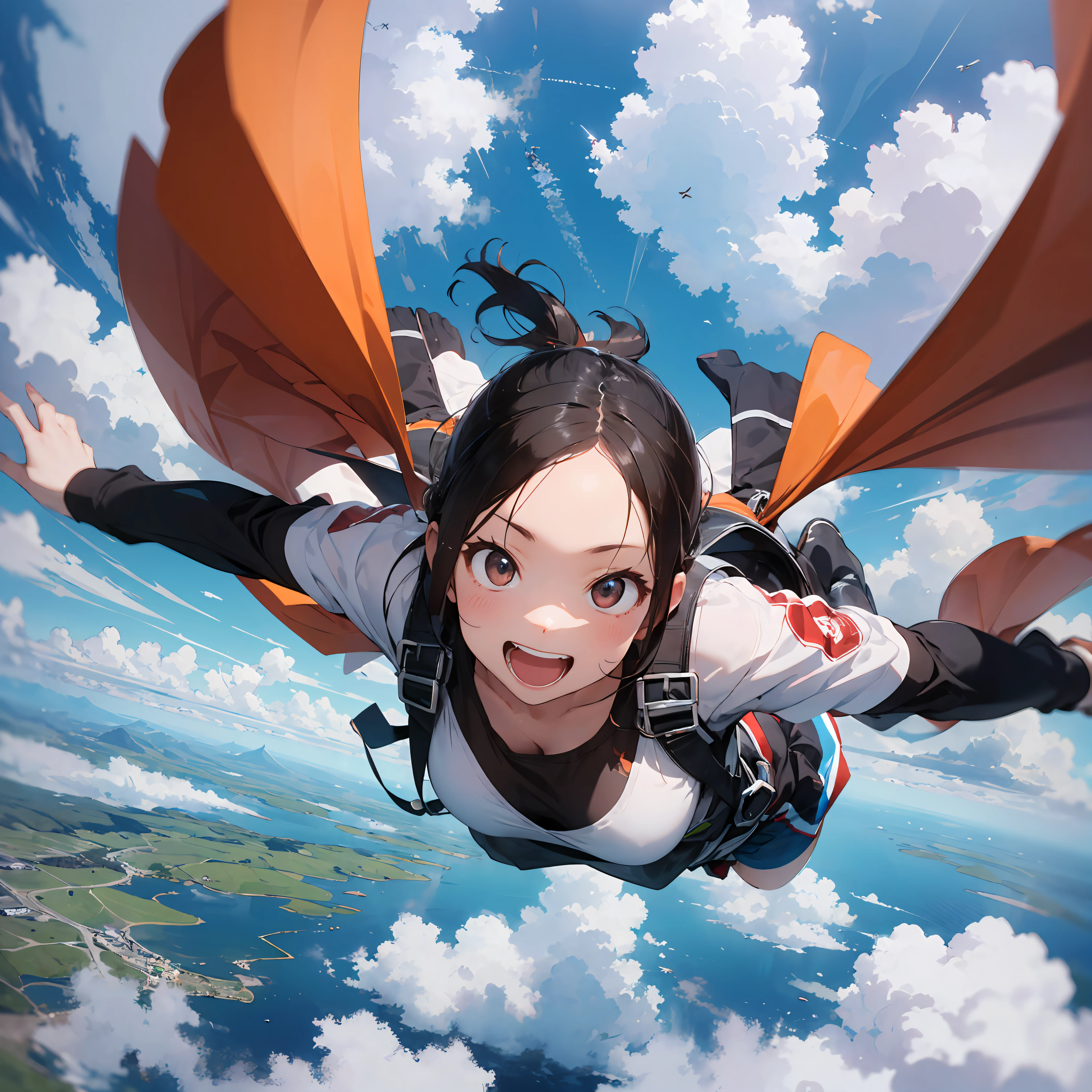 masterpiece, top quality, high resolution, skydiving, cute woman flying in clouds, clouds, flying, fun, smiling, shouting, big jumping, looking down, falling, wide shot, dynamic angle,