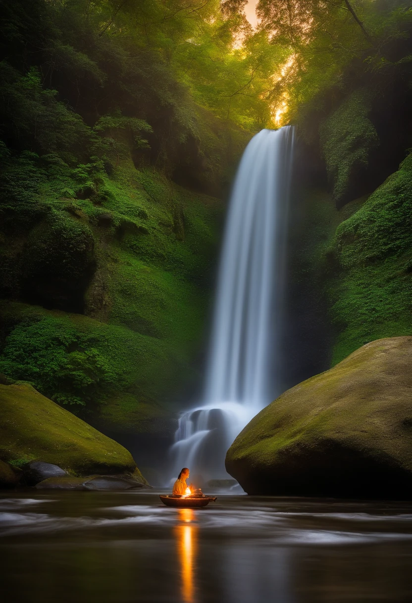 Monges budistas sentados com velas em frente a uma cachoeira, Meditando, natural scenery, music, ranhura, na floresta, exquisite scenery, ordination, HDR, 8k, Taxa de cobertura do Facebook