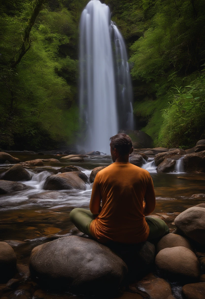 Monges budistas sentados com velas em frente a uma cachoeira, Meditando, natural scenery, music, ranhura, na floresta, exquisite scenery, ordination, HDR, 8k, Taxa de cobertura do Facebook