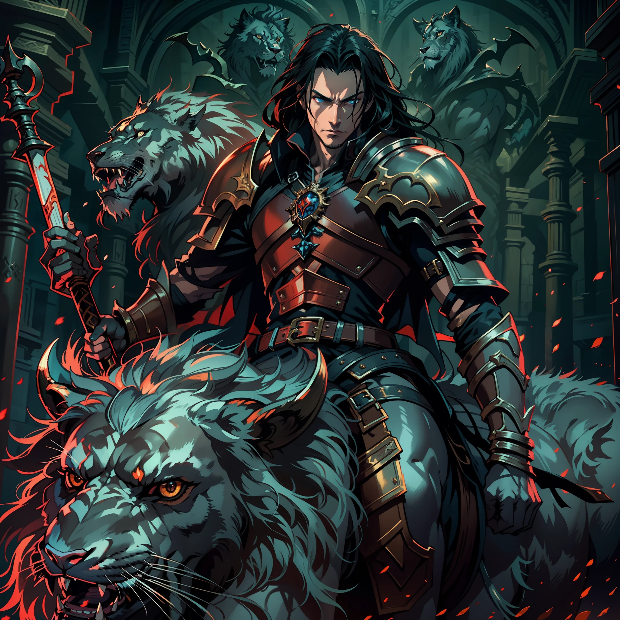 Castlevania Lord of Shadows hyper realistic super detailed Lord Dracula muscular handsome warrior leather Armor riding great legendary Lion with demons beside him in battle scene bravely fighting the devil and his great legendary army hyper realistic super detailed dynamic shot centerpiece cinematic scenes movie