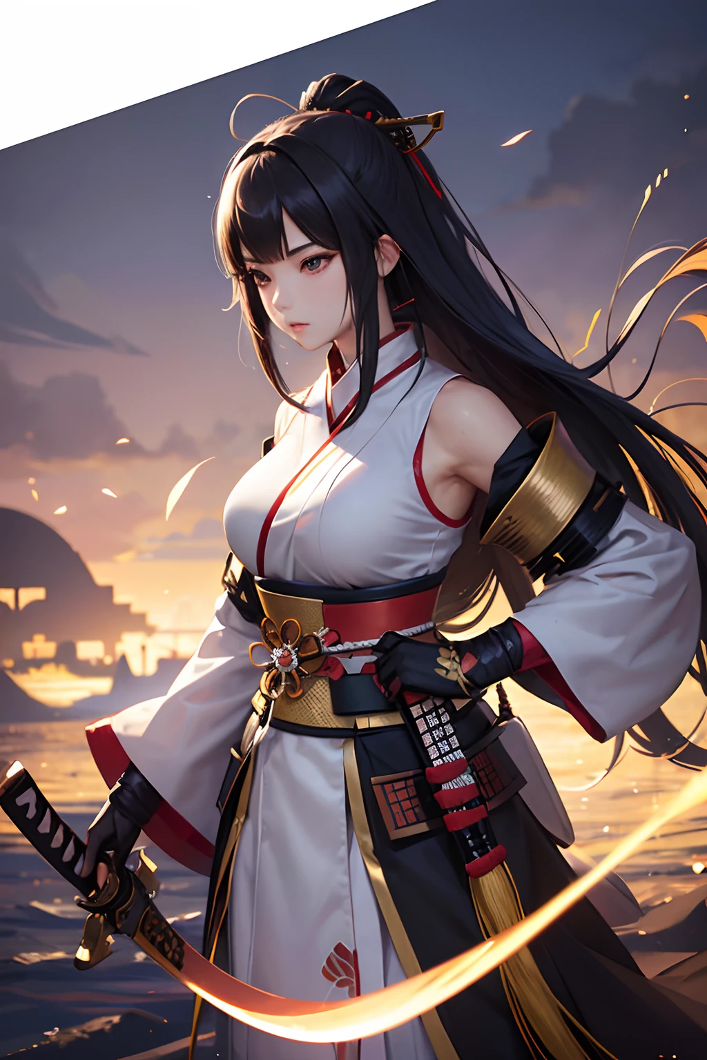 Beautiful female samurai of the Warring States period、Woman with semi-long hair、Samurai's Idetouch、Samurai Pose、Big sword、、The appearance of the samurai、Computer Graphics Art、。.。.。.。.。.。.。.。.。.3D、hight resolution、top-quality、The upper part of the body、8K Character Concept、32K、pixiv、illustratio、 ultra-detailliert、hyperdetailed face、Megapixel、 Ultra High Definition HDR、Clair、Overdecoration