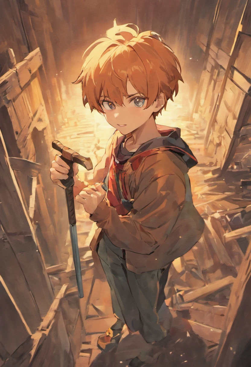 Anime style、Smiling Japan、twinks、carpenter、architects、Full body like、Good pose with one hand、With the other hand a huge hammer on his shoulder、