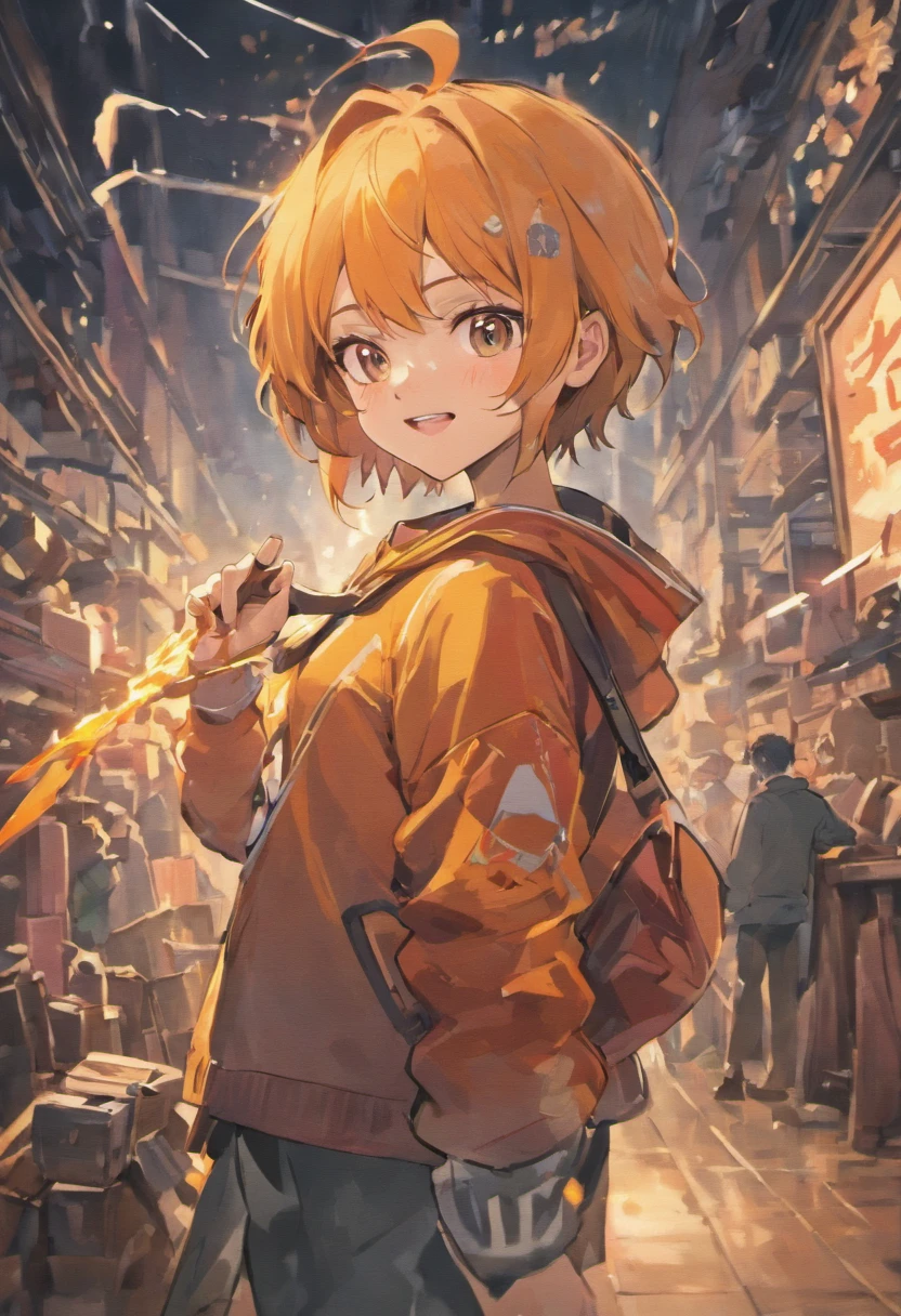 Anime style、Smiling Japan、twinks、carpenter、architects、Full body like、Good pose with one hand、With the other hand a huge hammer on his shoulder、