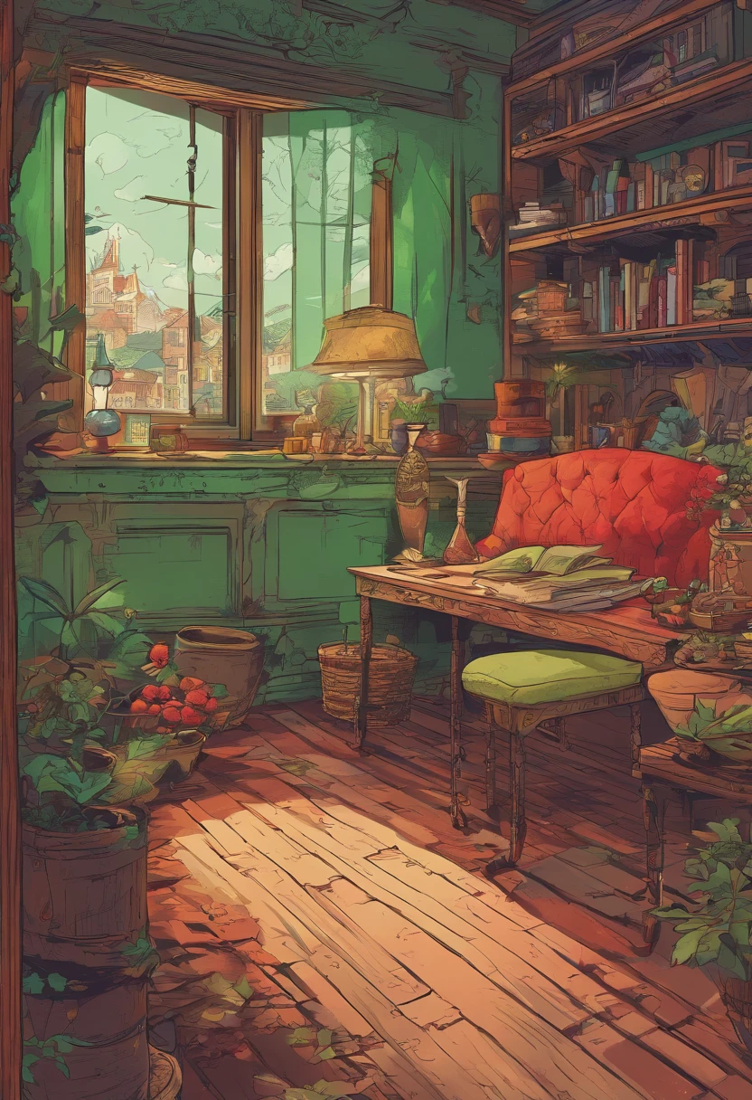 (best quality,4k,8k,highres,masterpiece:1.2), vibrant colors, realistic lighting, detailed background,[haunted house],[illustration], [long, curly, black hair], [green eyes], [red jacket], [white shirt], spooky ambiance, [detailed interior], [mysterious atmosphere], [elegant girl], [no bangs], [enchanted wood], [intricate details], [ghostly presence], [sinister shadows], [intriguing narrative], [captivating composition], [startling contrast]