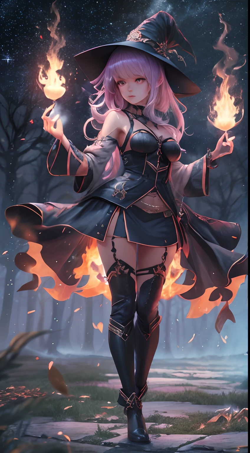 (8K, Best Quality, masutepiece:1.2), (SFW:1.3), (Realistic, Photorealsitic:1.37) Ethereal beauty with a shining spell in her hands ,Beautiful Japan witch, Full body, Seductive body, Mini skirt, Floating coat,beautiful sorceress,High contrast, Fantasy Art Style, deviantart artstation cgscosiety, The tree々Dark forest with, Fire magic, Flames Around Her, dark sky, Full moon and stars,