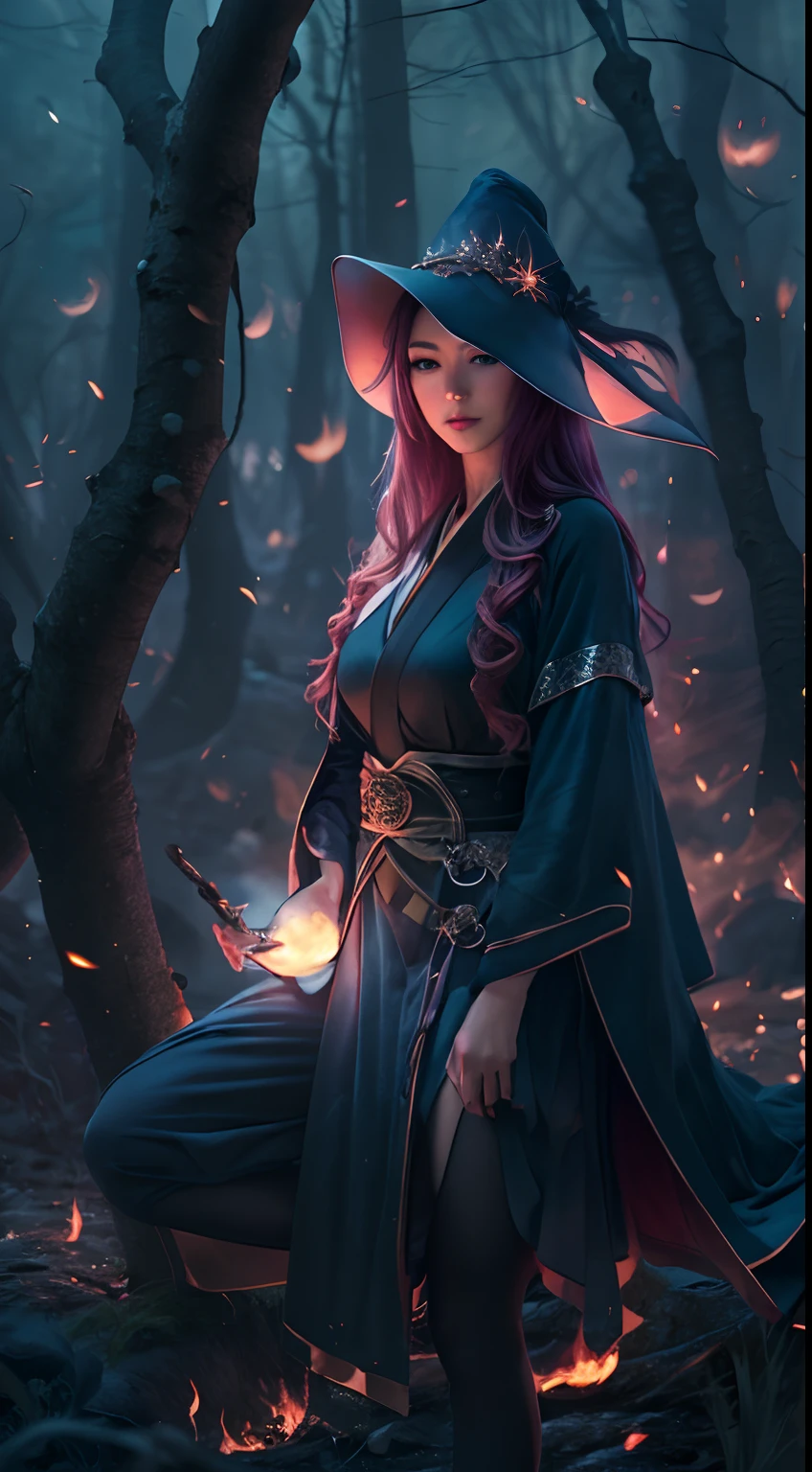 (8K, Best Quality, masutepiece:1.2), (SFW:1.3), (Realistic, Photorealsitic:1.37) Ethereal beauty with a shining spell in her hands ,Beautiful Japan witch, Full body, Seductive body, Mini skirt, Floating coat,beautiful sorceress,High contrast, Fantasy Art Style, deviantart artstation cgscosiety, The tree々Dark forest with, Fire magic, Flames Around Her, dark sky, Full moon and stars,