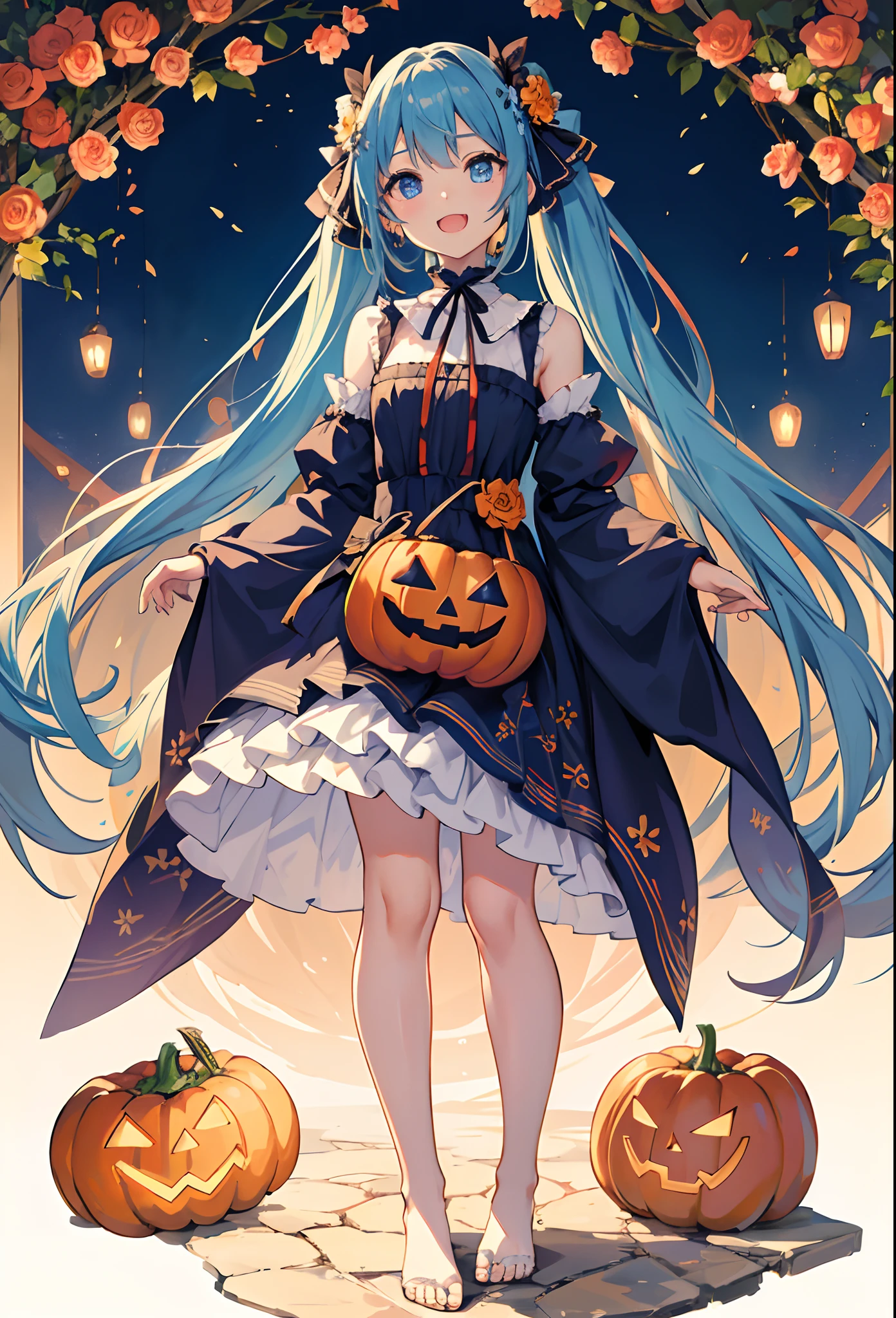 ​masterpiece:1.2、hightquality、top-quality、hight resolution、detaileds、A hyper-realistic、1girl in、long hair with light blue twin tails,,,,,,,,、Beautiful blue eyes、Standing in a flower garden、colorful outfit、blue-sky、full body Esbian、rainbows、Lovely smile、Cosmos flower、(A detailed face)、((foco nítido))、Halloween atmosphere