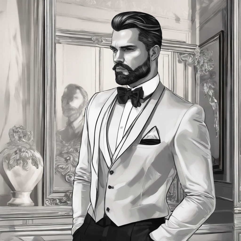 create a realistic and humanized image of a well-dressed narcissistic man in front of the mirror looking disappointed and sad