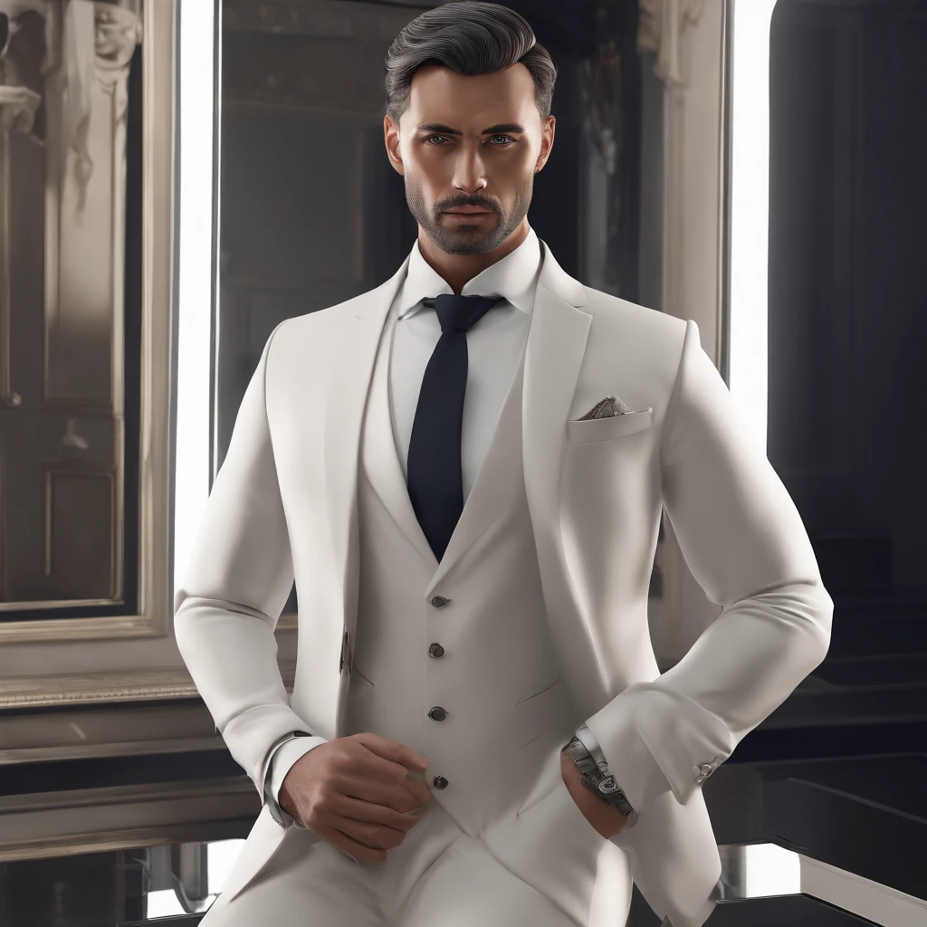create a realistic and humanized image of a well-dressed narcissistic man in front of the mirror looking disappointed and sad