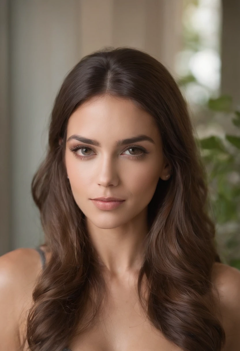 brunette, woman, cute, young, high quality, portrait, photorealistic, realistic human <lora:epicrealism_naturalSinRC1VAE:1>, strong jaw , big Cheekbone, , ambar eyes, hyperdetailed photography, soft light, smile, ultra high res , in a dramatic pose, adding mystery and sensuality